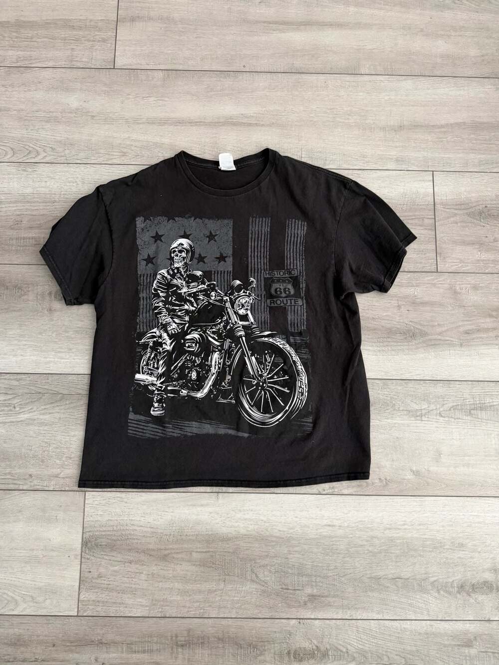 Y2K Delta Pro Weight Vintage Historic Route 66 Skeleton Biker US Flag Graphic T-